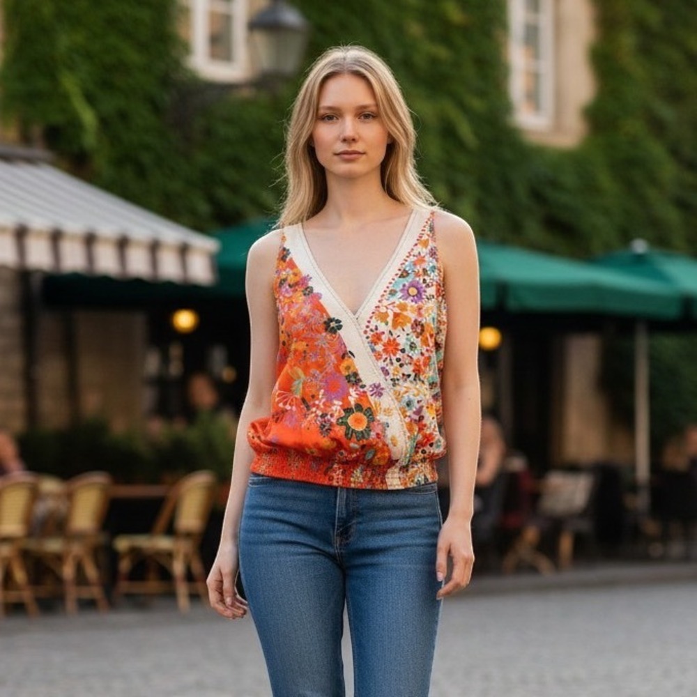 Natural Life Orange Floral Surplice Tank Size Small
